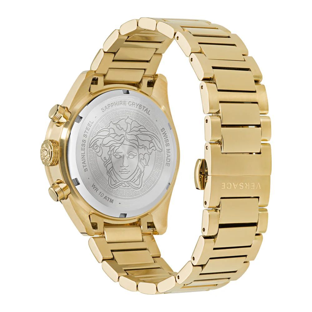 Versace Gold Stainless Steel Greca Dome Chronometer Watch 43mm Black Dial Luxury Dress Watch