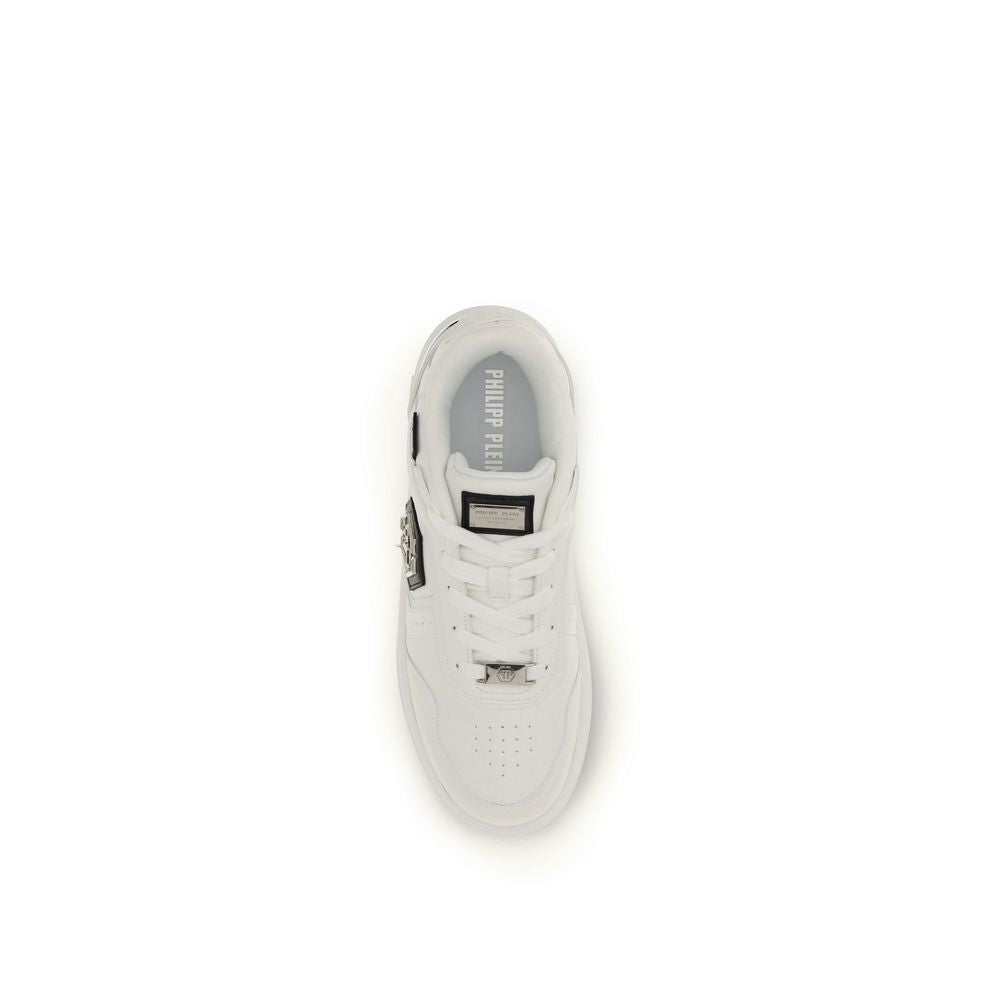 Philipp Plein Sk8r White Calf Leather Bos Taurus Athletic Sneakers Luxury Designer Trainers