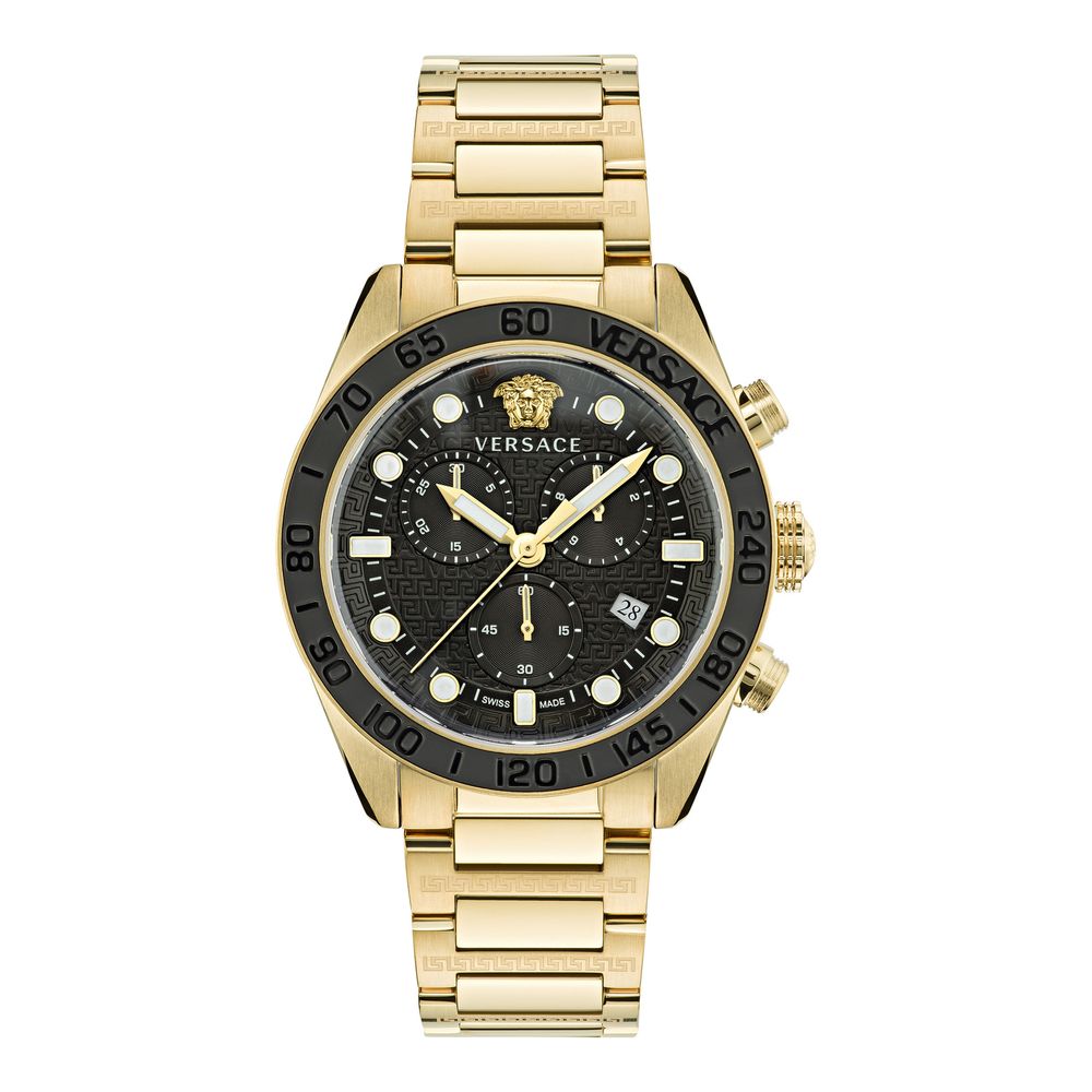 Versace Gold Stainless Steel Greca Dome Chronometer Watch 43mm Black Dial Luxury Dress Watch