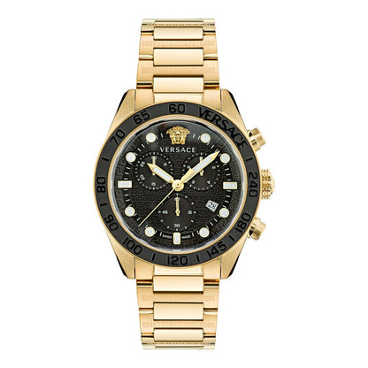 Versace Gold Stainless Steel Greca Dome Chronometer Watch 43mm Black Dial Luxury Dress Watch