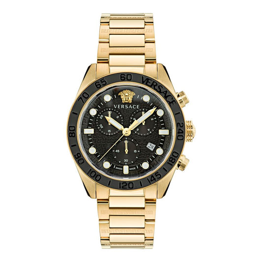 Versace Gold Stainless Steel Greca Dome Chronometer Watch 43mm Black Dial Luxury Dress Watch