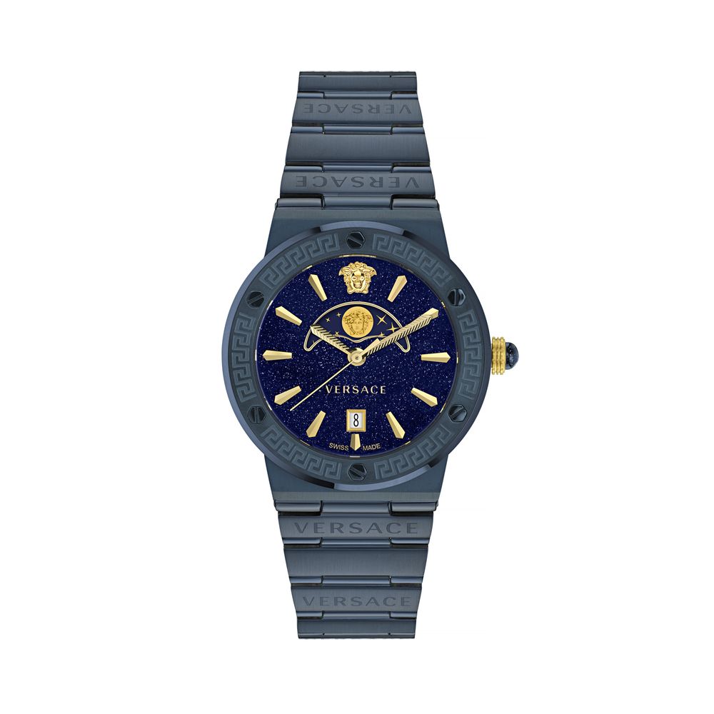 Versace Blue Stainless Steel Moonphase Watch 38mm Sapphire Glass Luxury Dress Timepiece