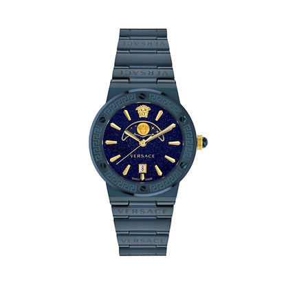 Versace Blue Stainless Steel Moonphase Watch 38mm Sapphire Glass Luxury Dress Timepiece