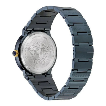 Versace Blue Stainless Steel Moonphase Watch 38mm Sapphire Glass Luxury Dress Timepiece