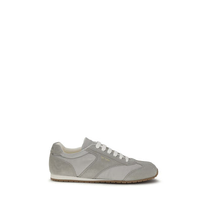 Prada Gray Calf Leather & Recycled Fabric Low Top Sneakers | Men's Designer Trainers