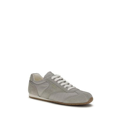Prada Gray Calf Leather & Recycled Fabric Low Top Sneakers | Men's Designer Trainers