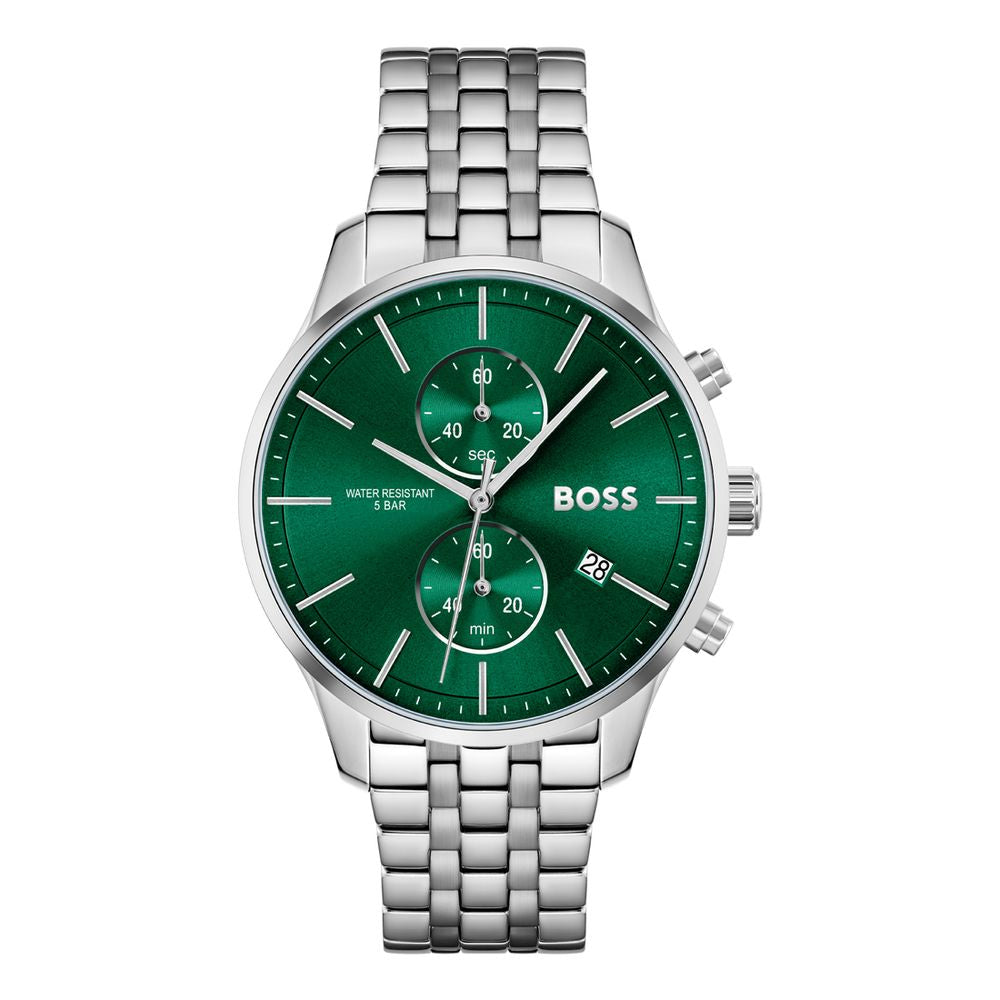 Hugo Boss Grey Stainless Steel Chronograph Watch Green Dial 42mm | Luxury Designer Watch UK