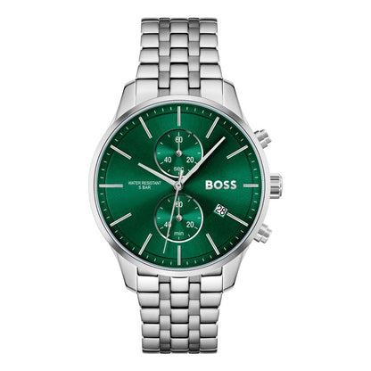 Hugo Boss Grey Stainless Steel Chronograph Watch Green Dial 42mm | Luxury Designer Watch UK