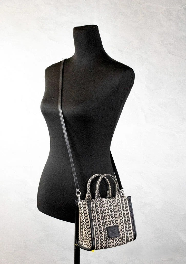 Marc Jacobs The Monogram Beige Mini Tote Bag Woven Jacquard Canvas Crossbody Handbag
