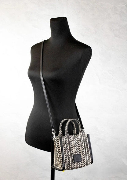 Marc Jacobs The Monogram Beige Mini Tote Bag Woven Jacquard Canvas Crossbody Handbag