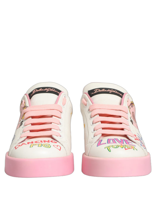 Dolce & Gabbana Portofino Royal Pig Sneakers White Pink Leather Shoes Made In Italy
