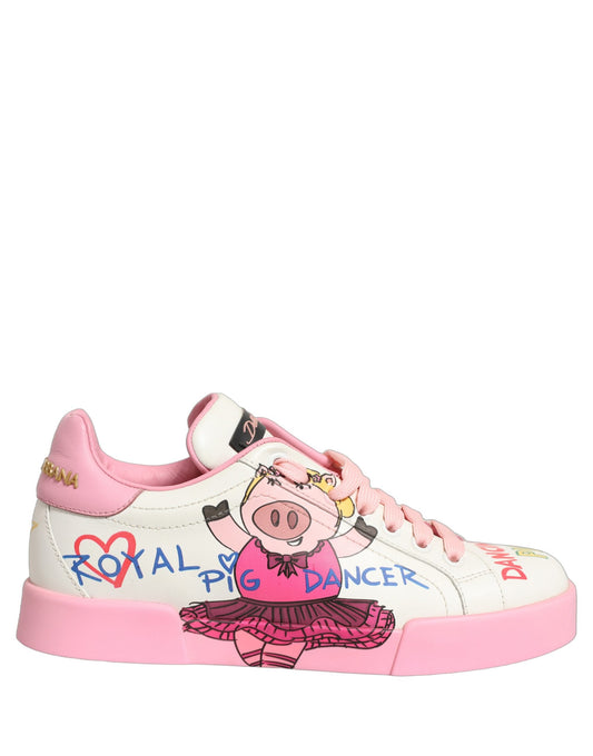 Dolce & Gabbana Portofino Royal Pig Sneakers White Pink Leather Shoes Made In Italy