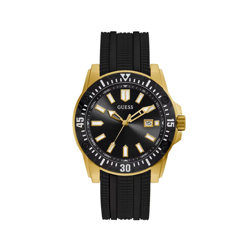 GUESS Black & Gold Silicone Strap Dress Watch 46mm Quartz Men's Analog 5ATM Skipper Day