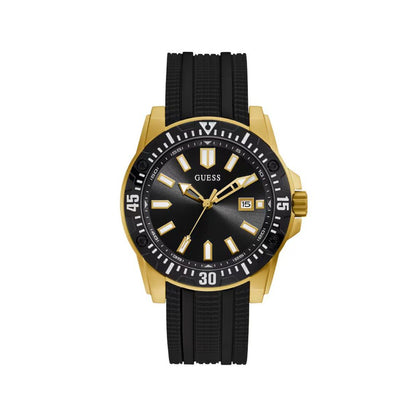 GUESS Black & Gold Silicone Strap Dress Watch 46mm Quartz Men's Analog 5ATM Skipper Day