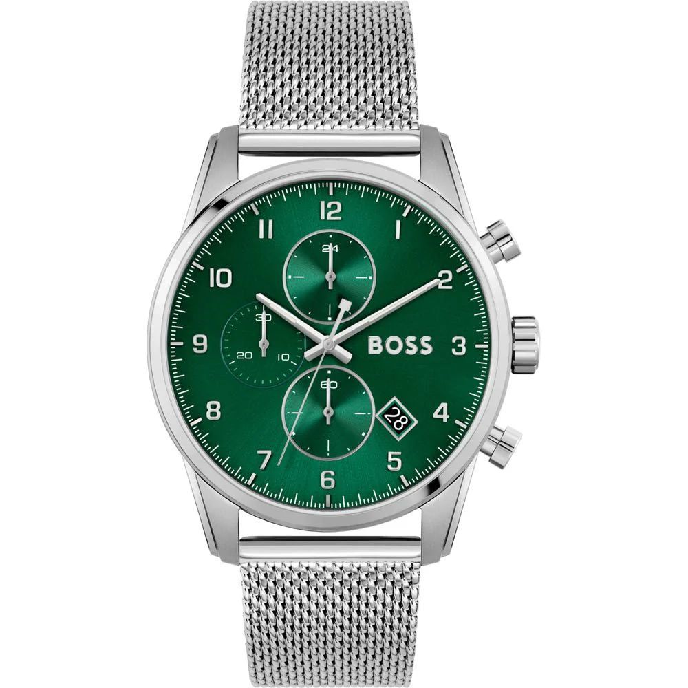 Hugo Boss Silver Stainless Steel Green Dial Men's Dress Watch 44mm Quartz | Luxury Timepiece