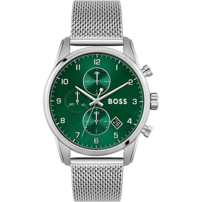 Hugo Boss Silver Stainless Steel Green Dial Men's Dress Watch 44mm Quartz | Luxury Timepiece