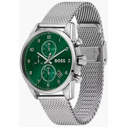 Hugo Boss Silver Stainless Steel Green Dial Men's Dress Watch 44mm Quartz | Luxury Timepiece