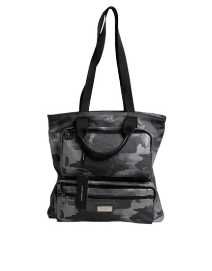 Dolce & Gabbana Grey Camouflage Tote Bag – Luxury Cotton Multi-Compartment Designer Shoulder Bag