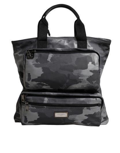 Dolce & Gabbana Grey Camouflage Tote Bag – Luxury Cotton Multi-Compartment Designer Shoulder Bag