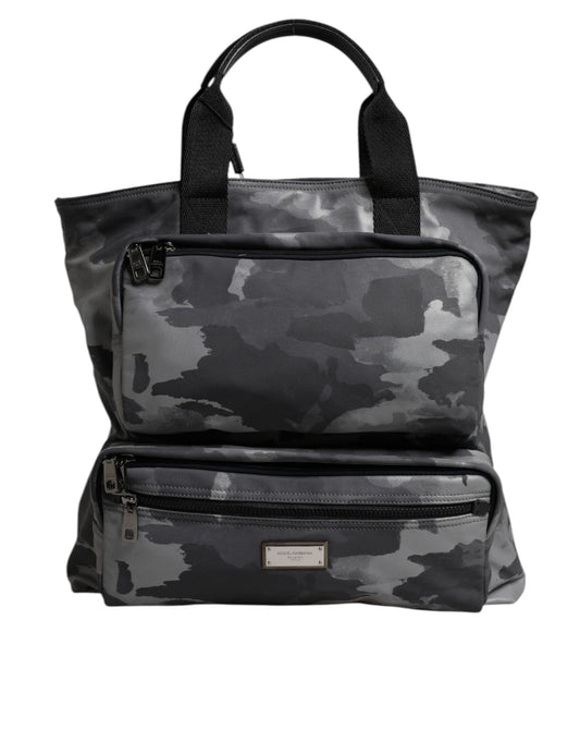 Dolce & Gabbana Grey Camouflage Tote Bag – Luxury Cotton Multi-Compartment Designer Shoulder Bag