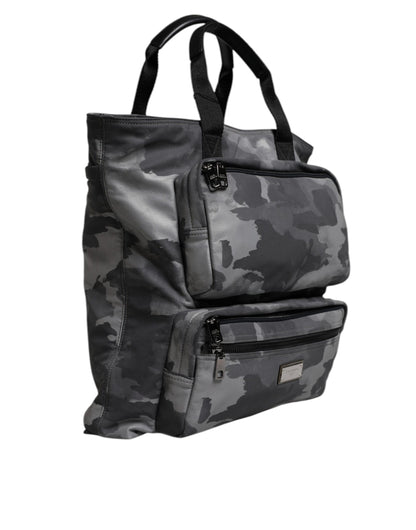 Dolce & Gabbana Grey Camouflage Tote Bag – Luxury Cotton Multi-Compartment Designer Shoulder Bag