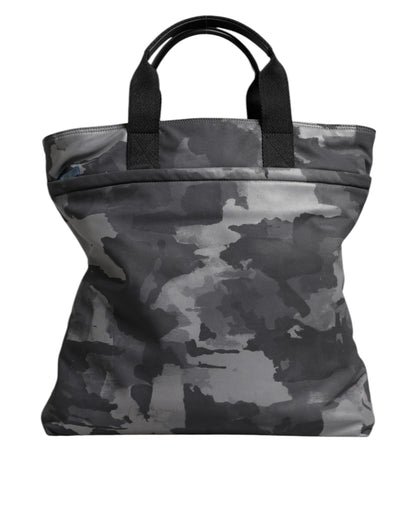 Dolce & Gabbana Grey Camouflage Tote Bag – Luxury Cotton Multi-Compartment Designer Shoulder Bag